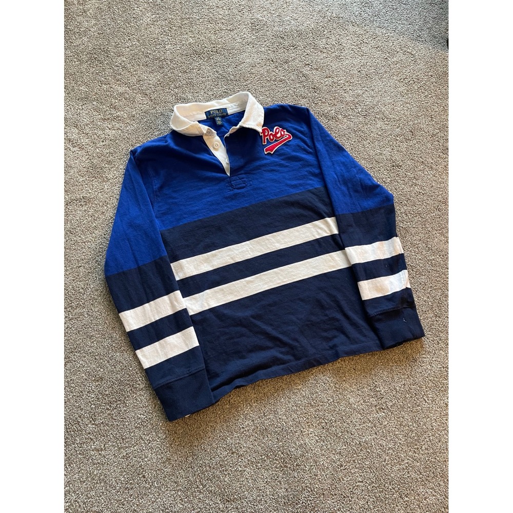 Kids Polo Ralph Lauren Rugby Shirt L 14-16 Blue Striped Excellent Long Sleeve